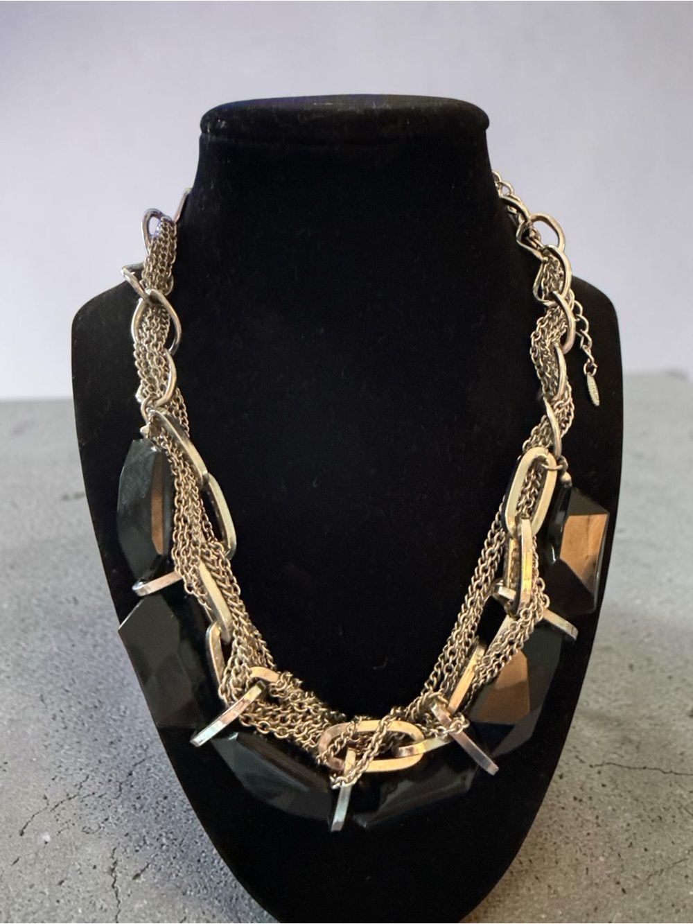 VCLM Black Faceted Statement Necklace Silver Tone Layered Chain Bib Necklace